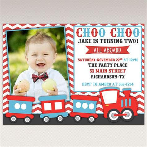 Choo Choo Train Birthday Party Photo Invitation Navy Chevron Etsy