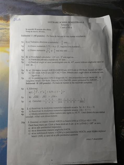 Model Teză Matematică Clasa A 7 A Pe Semestrul 1 Barem Rezolvare