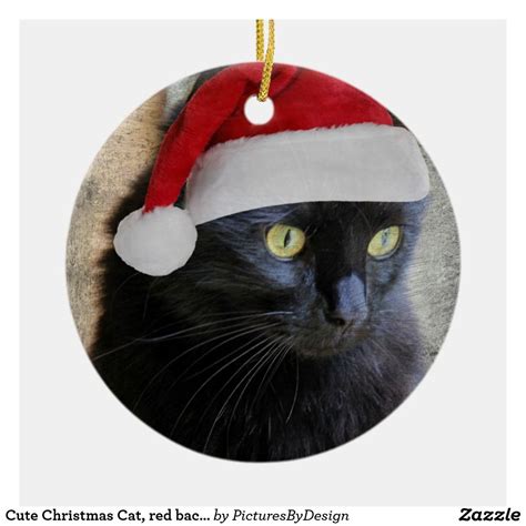 Cute Christmas Cat Red Back Personalize W Year Ceramic Ornament