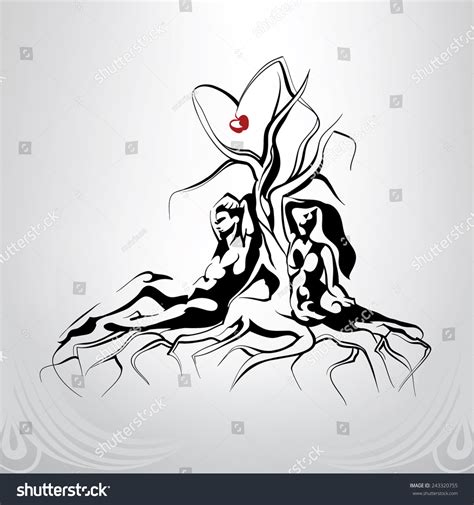 Silhouette Of Adam And Eve Sitting Near A Tree Stock Vector