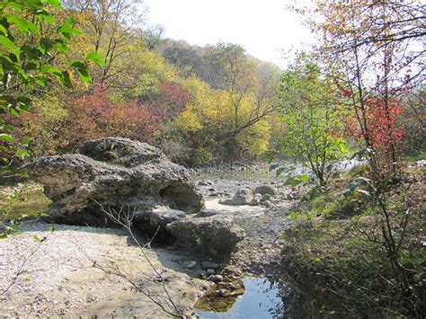 Stunning Autumn Landscape With A Large Stone On The River River Among