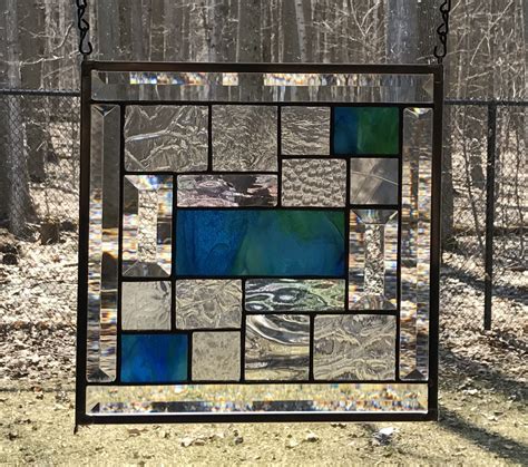 Clear Green And Blue Geometric Stain Glass Abstract Panel Etsy