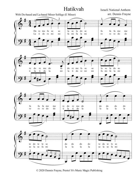 Hatikvah Israel National Anthem Sheet Music Dennis Frayne Piano
