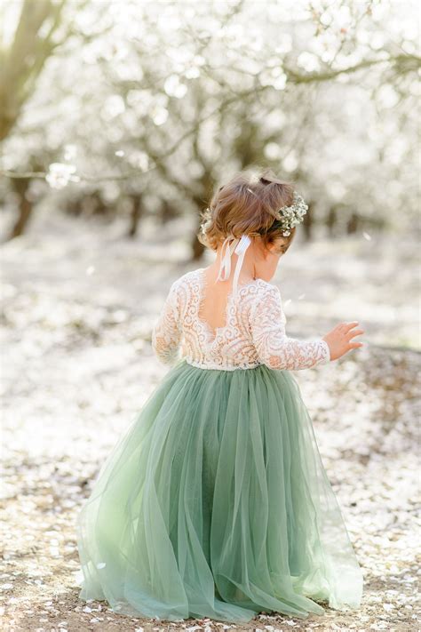 full length sage green tulle lace top scalloped edges back party flower girl dress in 2020