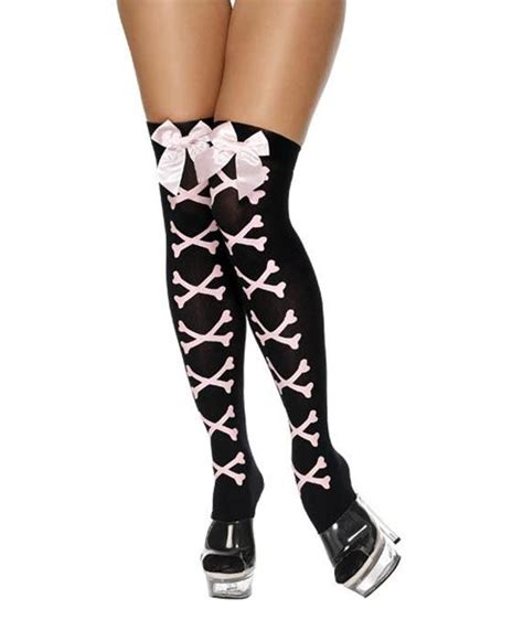 Black Thigh High Stockings With Pink Crossed Bones And Bows