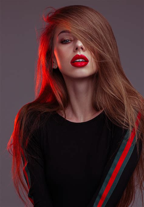 Wallpaper Women Model Red Lipstick Looking At Viewer Hair In Face
