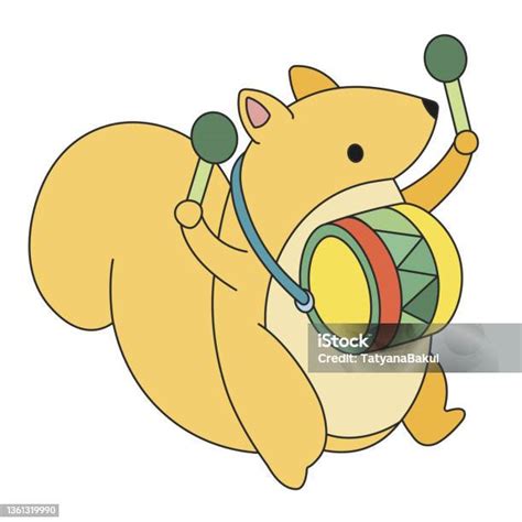 Cute Cartoon Squirrel Going Playing The Drums Funny Yellow Squirrel