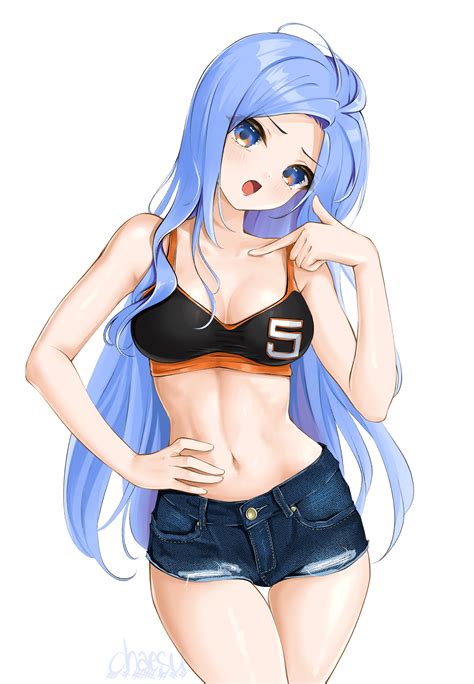 Blue Hair Blue Eyes Cleavage Chaesu Anime Girls Anime Short Shorts Sports Bra Jean