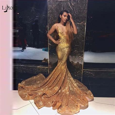 Sexy Sparkle Gold Sequined Mermaid Prom Dresses Deep V Neck