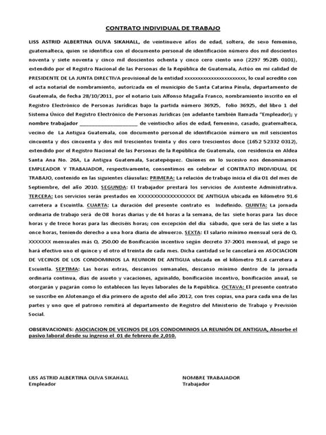 Contrato Individual De Trabajo Guatemala Derecho Laboral