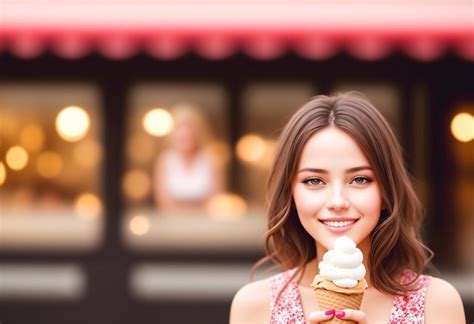 Premium Ai Image Beautiful Woman With An Ice Cream Cone On A Sunny Summer Day Generative Ai