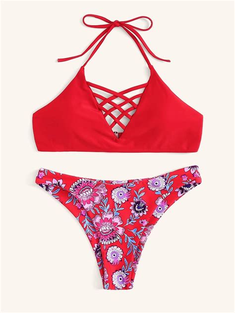Red Lattice Halter Top Swimsuit With Floral Bikini Bottom Bikinis