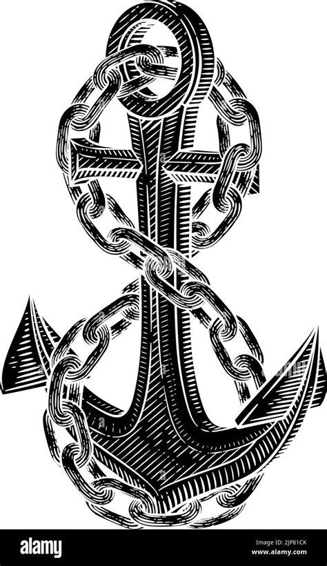 A Ship Anchor And Chain Nautical Woodcut Drawing Stock Vector Image