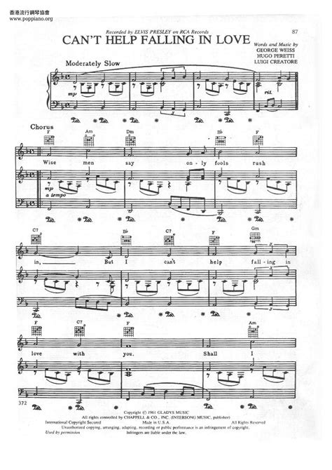 elvis presley can t help falling in love sheet music pdf free score download ★