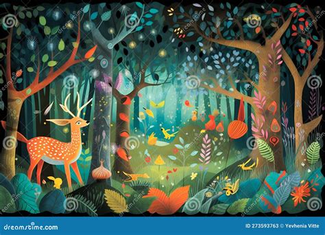 Whimsical Illustration Of A Magical Forest Filled With Vibrant Colors