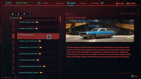 Vehicles Database Cyberpunk 2077 Interface In Game
