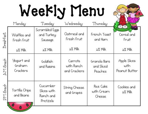 Sample Menus Our Place Preschool Daycare Menu Toddler Menu