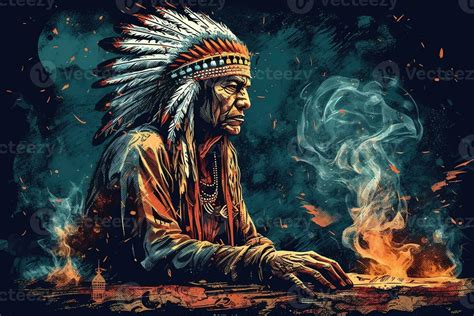 Native American Shaman In Contemplation During Fire Ceremony Indian