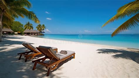 Beautiful Tropical Beach On Maldives With Few Palm Trees And Blue