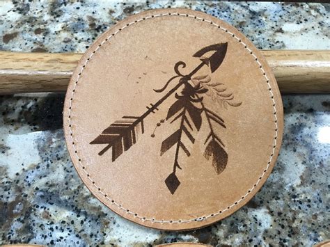 Handcrafted Laser Engraved Arrow And Feathers Top Grain Leather Coaster