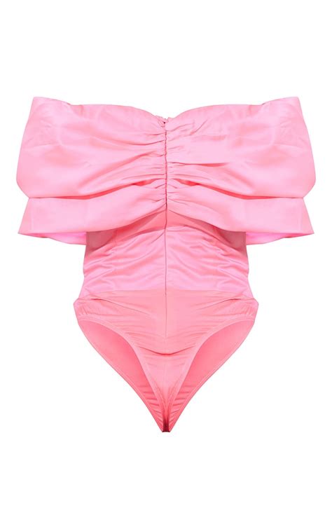 Pink Satin Structured Bardot Bodysuit Tops Prettylittlething