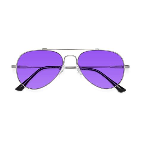 Silver Flexible Titanium Aviator Tinted Sunglasses With Purple Sunwear Lenses Dawn Tinted