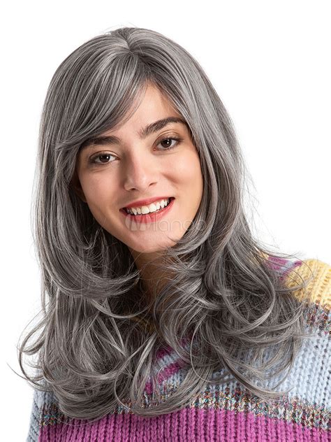 Grey Hair Wigs Women Layered Side Parting Long Curly Synthetic Wigs