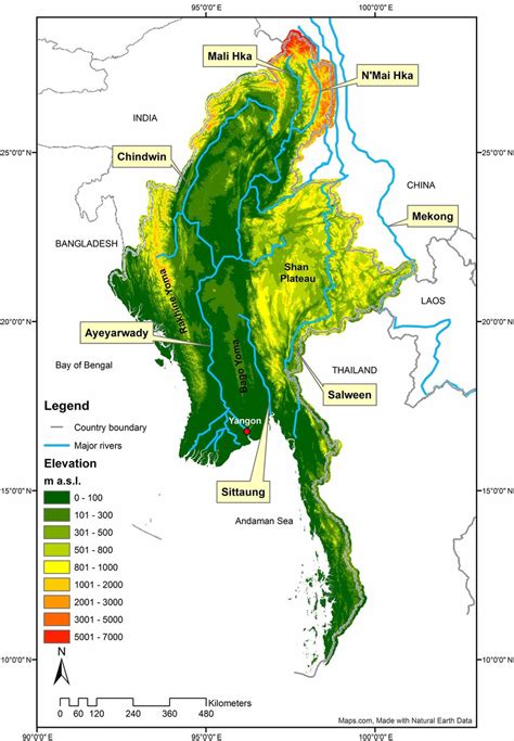 Physical Overview Map Of Myanmar Including State Border Lines Major