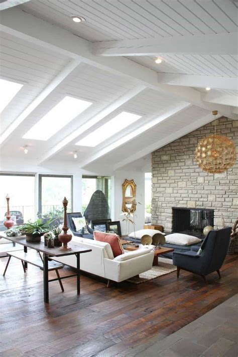Vaulted Ceiling Design With Skylights Mid Century Modern Living Room