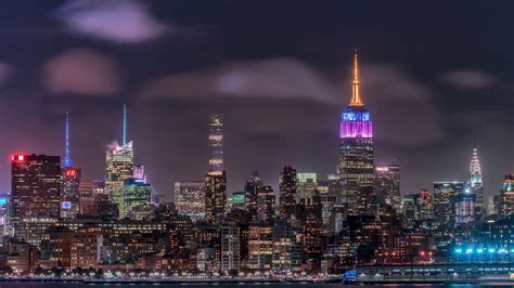Cityscape Buildings With Colorful Lights During Nighttime Hd New York