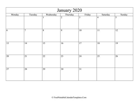Blank Editable January Calendar 2020 Landscape
