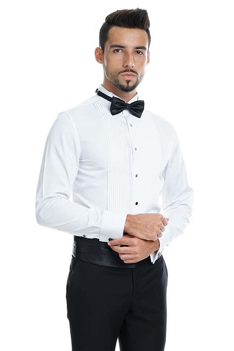 A black dinner jacket and matching trousers, an optional black formal waistcoat or black cummerbund, a white formal shirt, a black bow tie or, alternatively, a black long tie, black dress socks, and black formal shoes. SmartMaster White Tuxedo Shirt - Smart Master