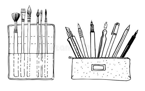 Brush And Pencil Cases Set Of Hand Drawn Sketch Vector Artist