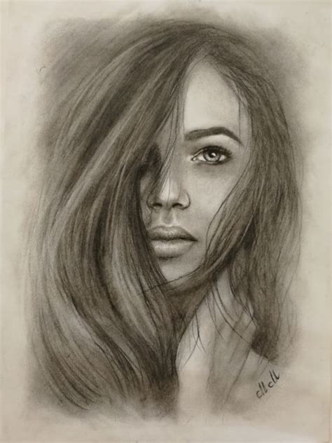 Beautiful Woman Original Charcoal Port Drawing By Mateja Marinko