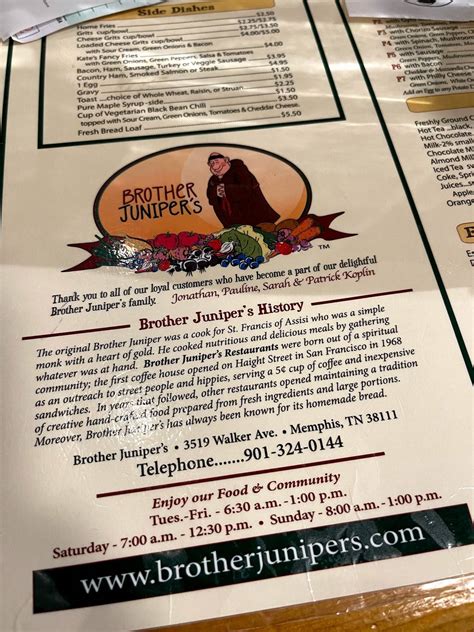 Menu at Brother Juniper's restaurant, Memphis