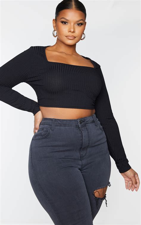 Plus Black Rib Square Neck Long Sleeve Crop Top Prettylittlething