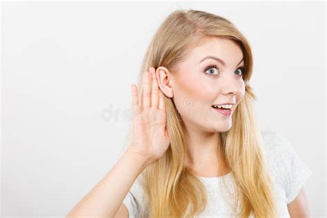Woman Putting Hand Ear To Hear Better Stock Photo Image Of Audibility