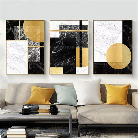 Framed Wall Art Set Of 3 Prints Geometric Gold Black Abstract Print On