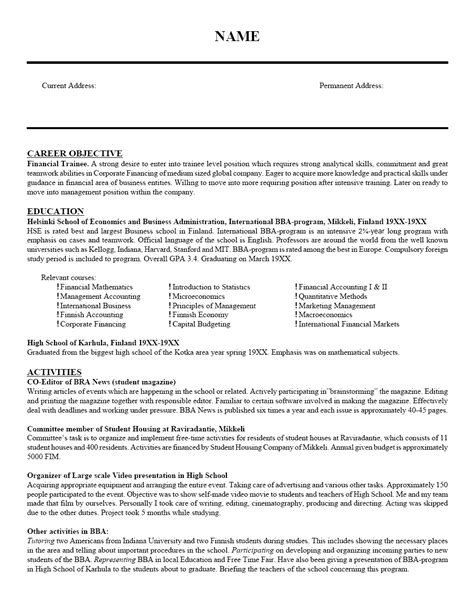 finance trainee resume sample