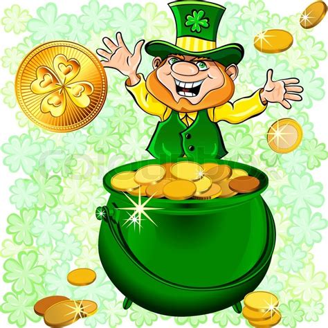 Vector St Patrick S Day Happy Leprechaun Dancing With A Pot Of Gold Coins On A Meadow Of Clover