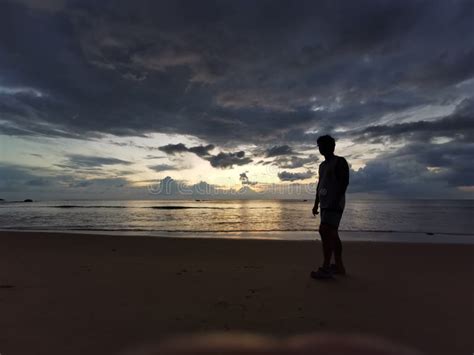Silhouette Shadow Of Man Standing T The Lai Pee Beach South Thailand