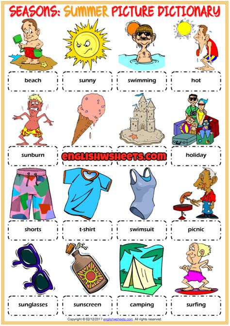 Summer Esl Printable Picture Dictionary Worksheet For Kids