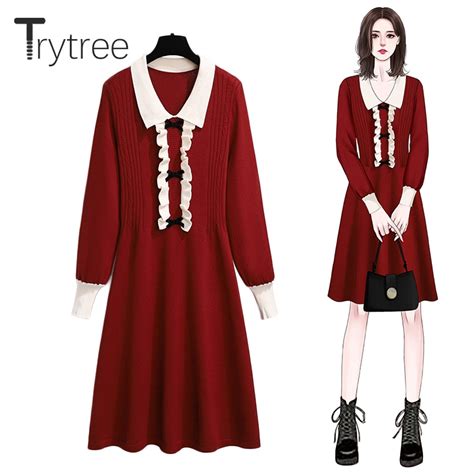 Trytree Autumn Winter Knitted Womens Dress Casual Long Sleeve Elastic