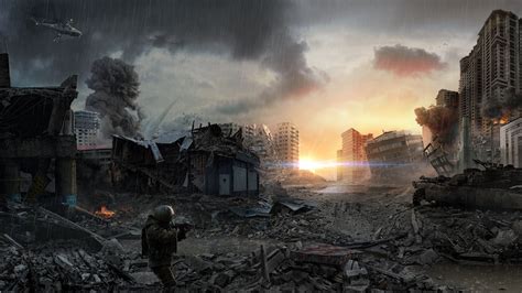 Soldier Holding Gun Illustration Apocalyptic Digital Art Sky Ruin