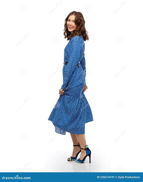 Happy Smiling Beautiful Young Woman In Blue Dress Stock Image Image Of Concept Female 236274191
