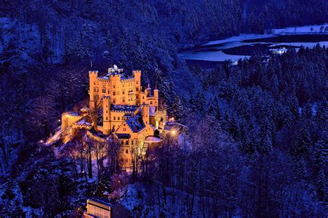 Germany Castle Forests Winter Night Street Lights Hohenschwangau