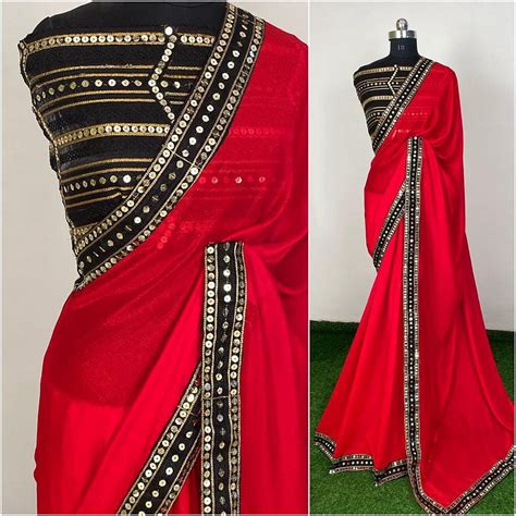 Party Wear Sarees Red Vichitra Silk Sequence Work Partywear