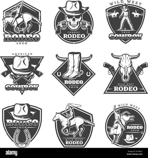 Monochrome Rodeo Labels Set With Cowboys Weapon Animals And Wild West