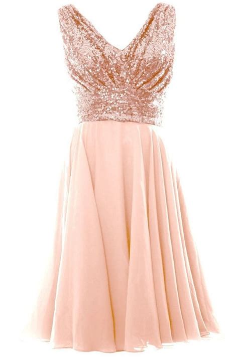 A Line Blush Pink V Neck Chiffon Rose Gold Sequins Bridesmaid Dresses Sequin Bridesmaid