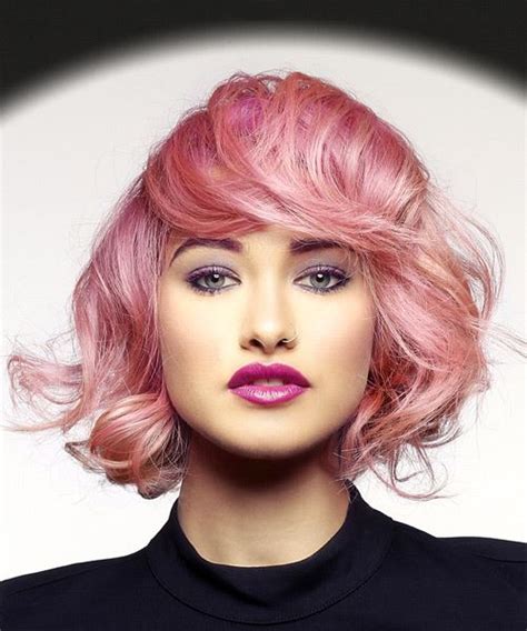 Short Wavy Casual Bob Hairstyle With Layered Bangs Pink Hair Color